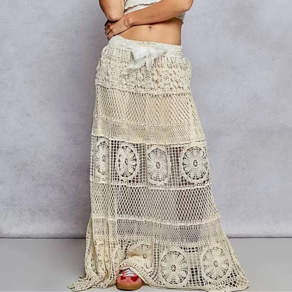NS01. POL Bohemian Crochet Neutral Cotton One Size Summer Maxi Skirt - Picture 1 of 4